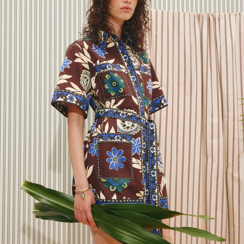 Alemais Jasper Mini Floral Patchwork Shirt Dress in Brown and Blue